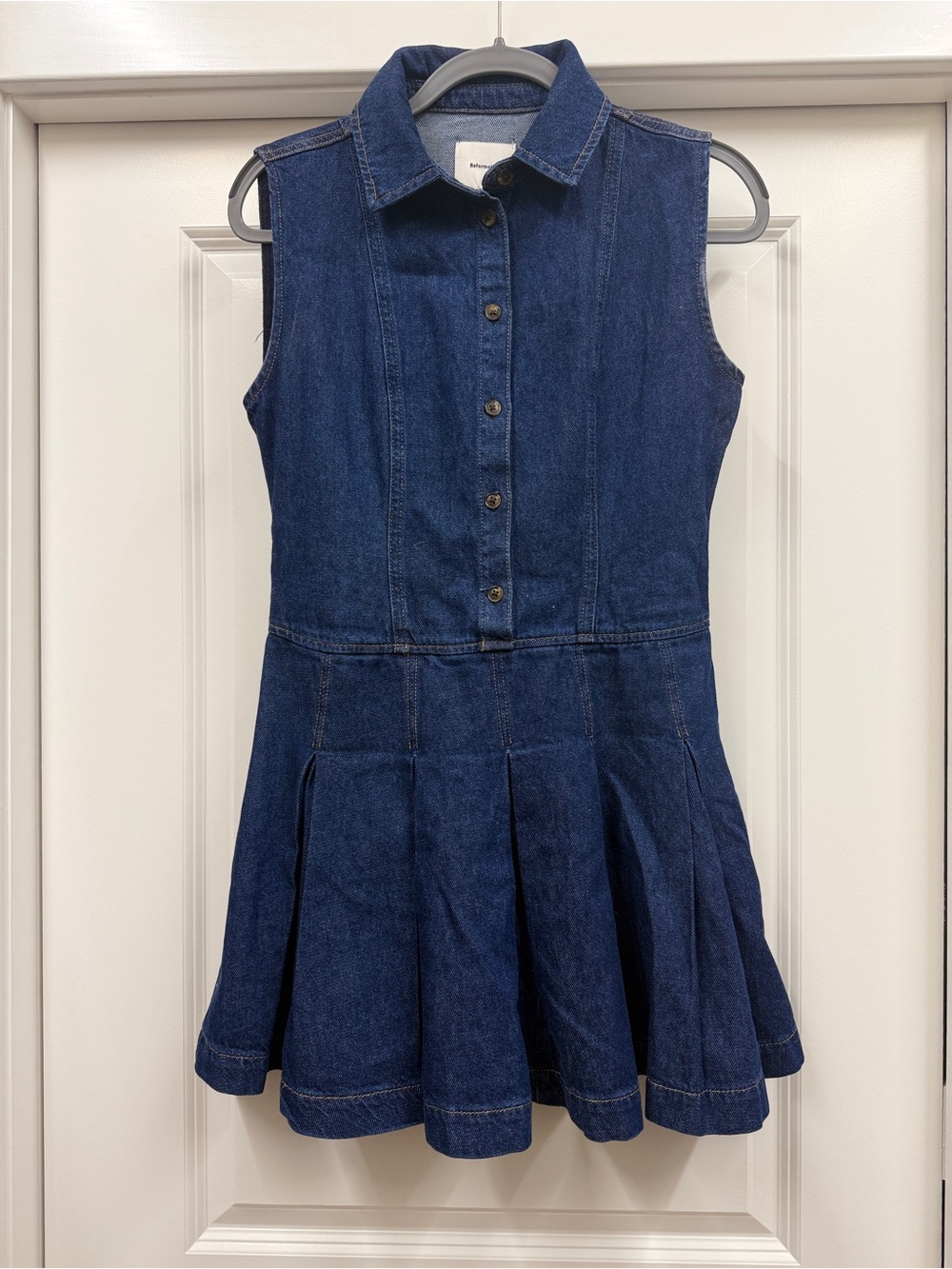Reformation Dark Wash Denim Pleated Collared Mini Dress Size 0